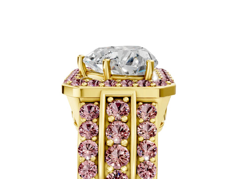 Yellow gold Heart Cut Halo Diamond Ring with Round with Morganite side stone Split Shank and Prong Setting_5