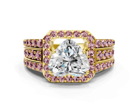 Yellow gold Heart Cut Halo Diamond Ring with Round with Morganite side stone Split Shank and Prong Setting