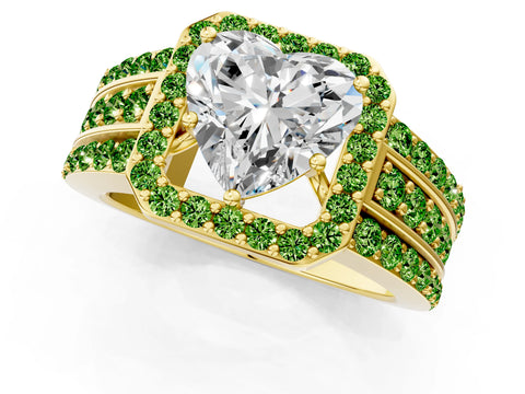 Yellow gold Heart Cut Halo Diamond Ring with Round with Peridot side stone Split Shank and Prong Setting_1