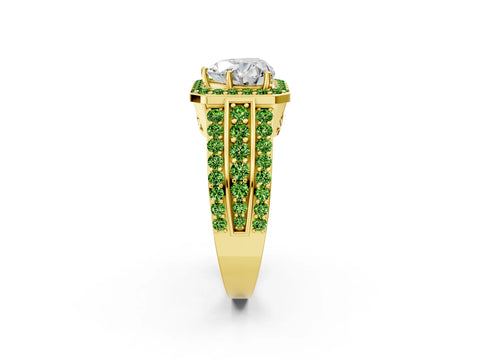 Yellow gold Heart Cut Halo Diamond Ring with Round with Peridot side stone Split Shank and Prong Setting_2