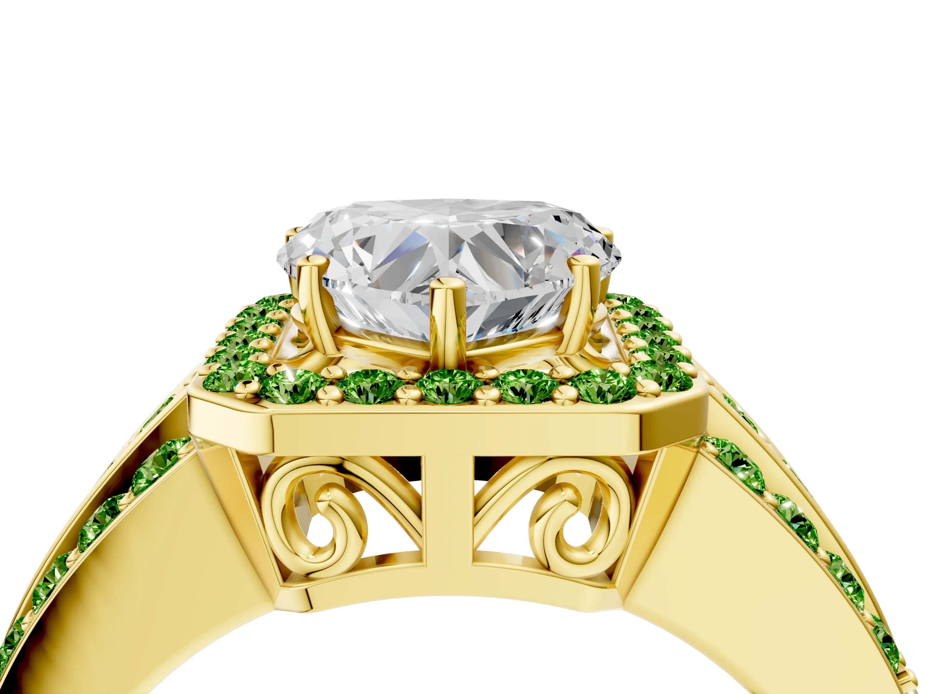 Yellow gold Heart Cut Halo Diamond Ring with Round with Peridot side stone Split Shank and Prong Setting_4
