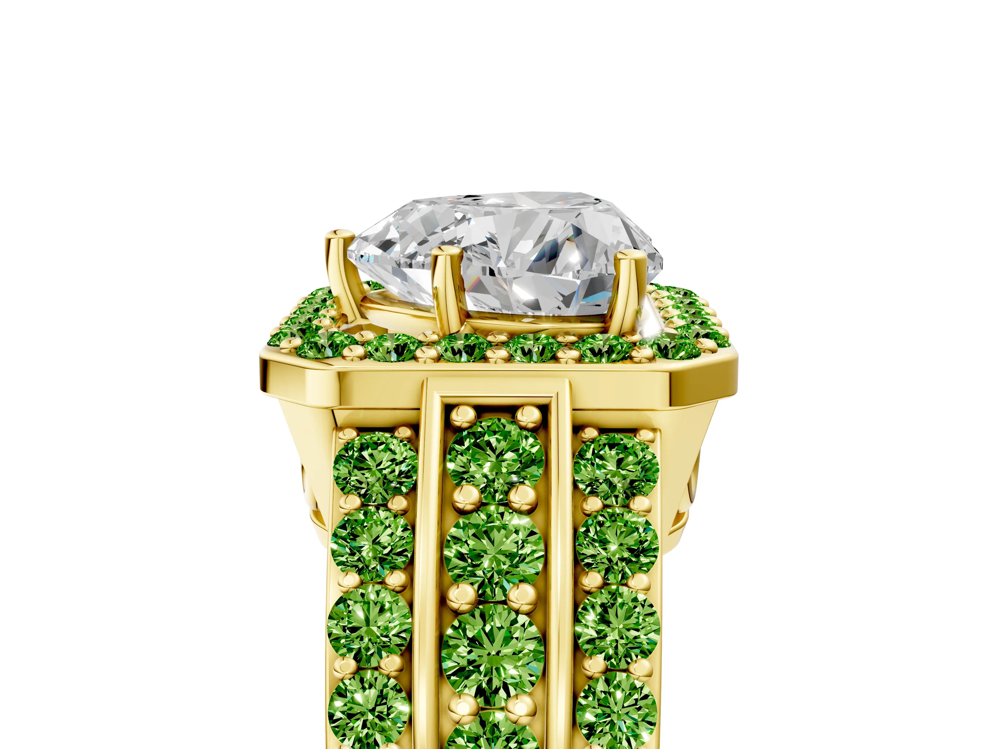 Yellow gold Heart Cut Halo Diamond Ring with Round with Peridot side stone Split Shank and Prong Setting_5