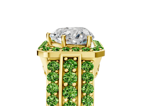 Yellow gold Heart Cut Halo Diamond Ring with Round with Peridot side stone Split Shank and Prong Setting_5