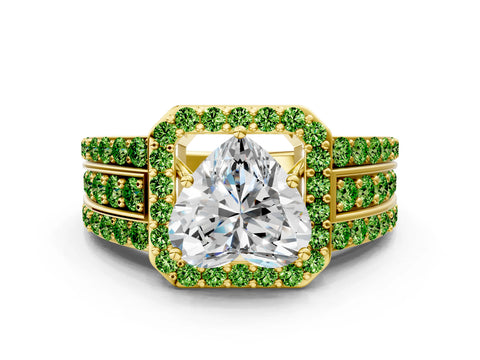 Yellow gold Heart Cut Halo Diamond Ring with Round with Peridot side stone Split Shank and Prong Setting