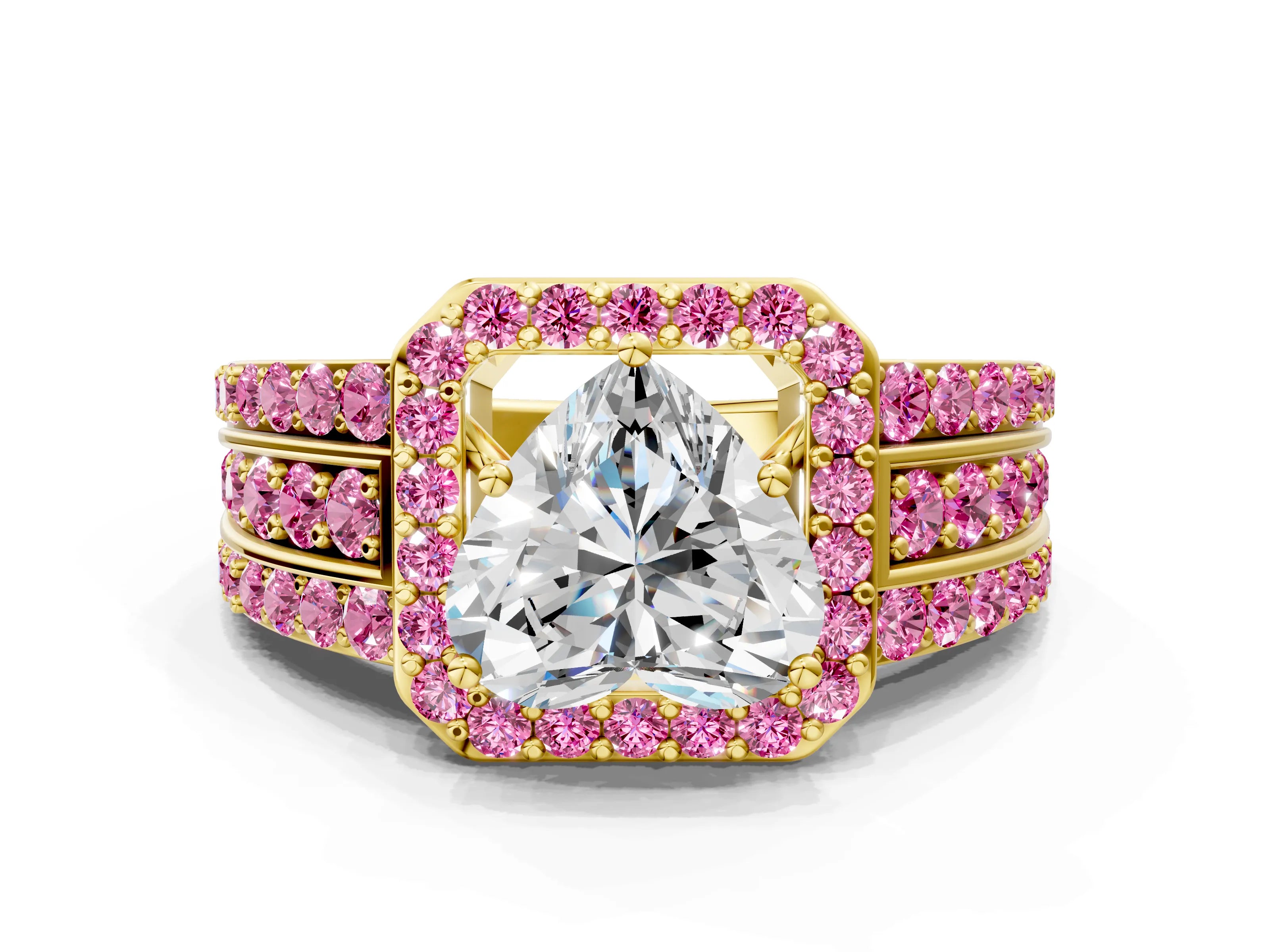 Yellow gold Heart Cut Halo Diamond Ring with Round with Pink Sapphire side stone Split Shank and Prong Setting