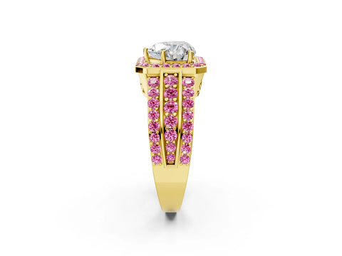 Yellow gold Heart Cut Halo Diamond Ring with Round with Pink Sapphire side stone Split Shank and Prong Setting_2