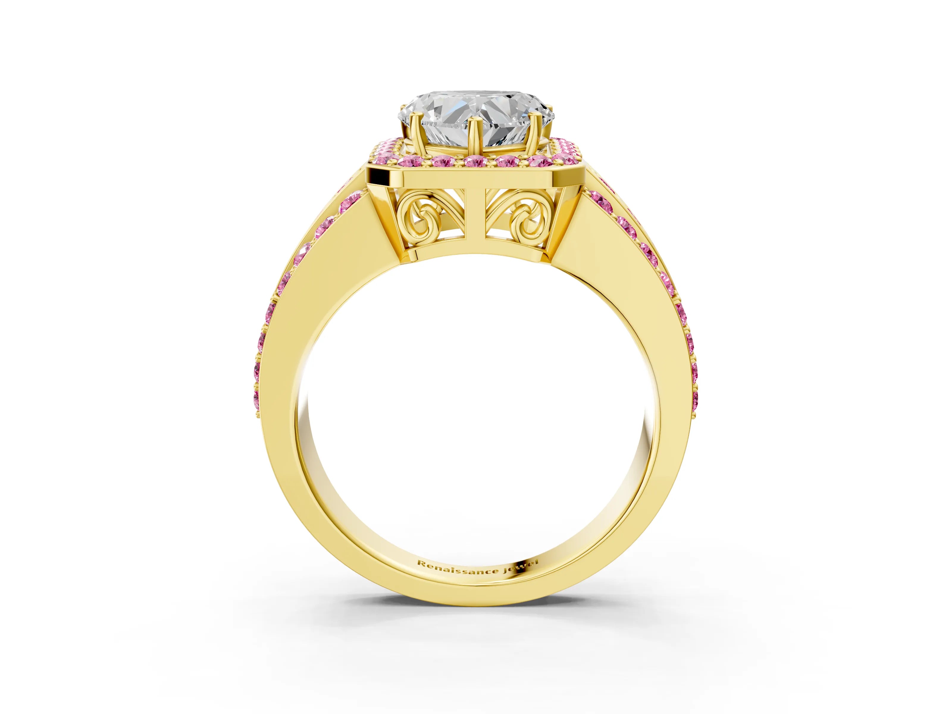 Yellow gold Heart Cut Halo Diamond Ring with Round with Pink Sapphire side stone Split Shank and Prong Setting_3