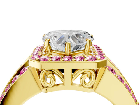 Yellow gold Heart Cut Halo Diamond Ring with Round with Pink Sapphire side stone Split Shank and Prong Setting_4