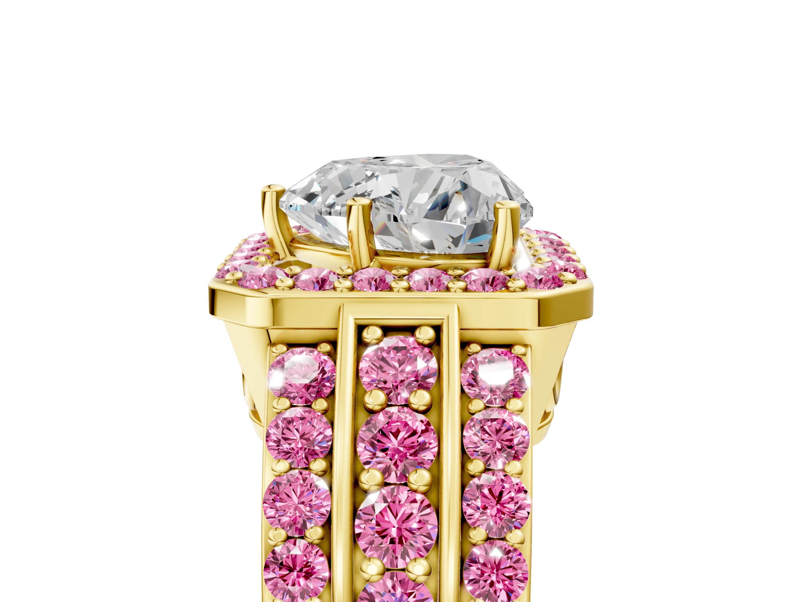 Yellow gold Heart Cut Halo Diamond Ring with Round with Pink Sapphire side stone Split Shank and Prong Setting_5