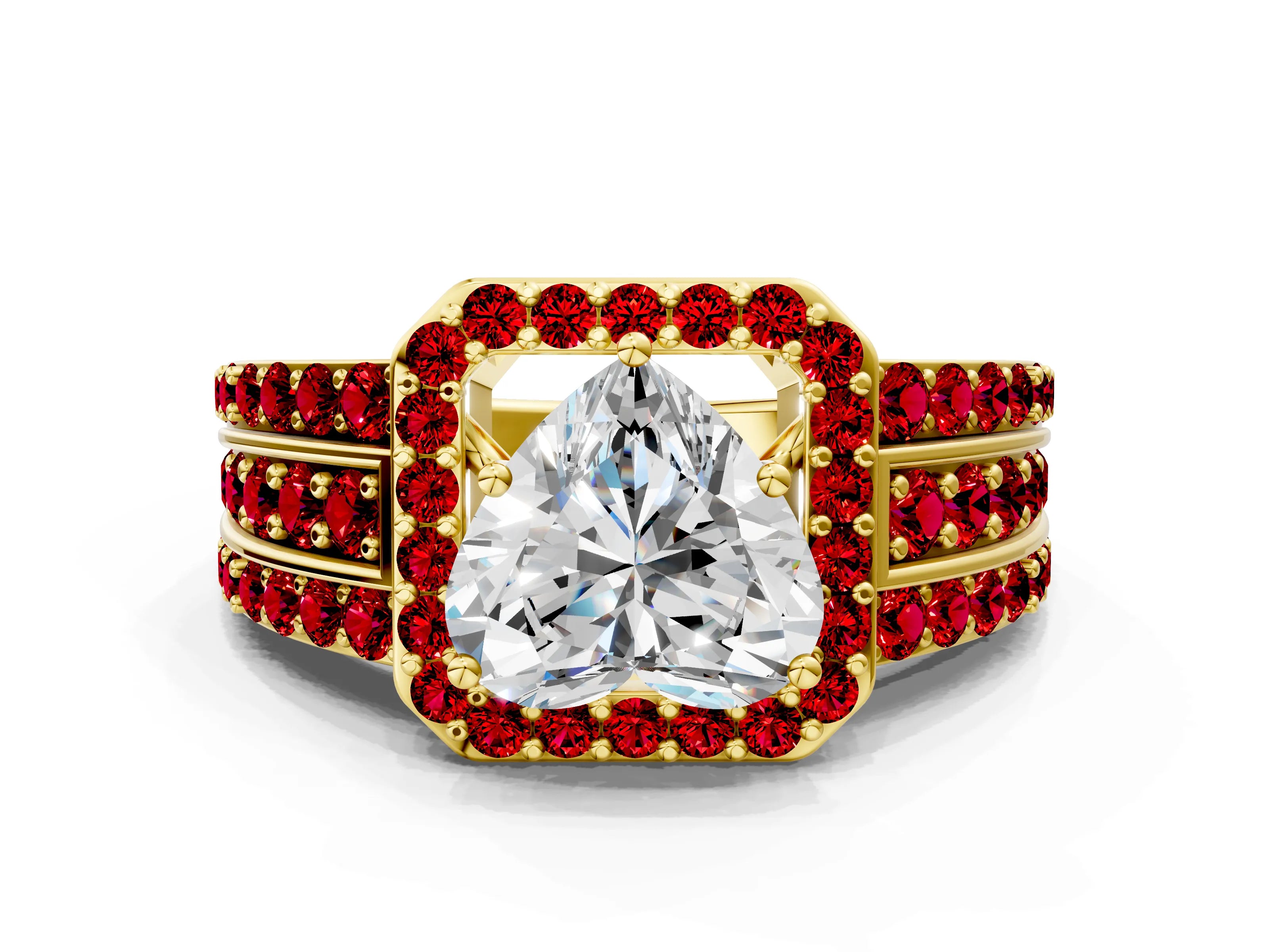 Yellow gold Heart Cut Halo Diamond Ring with Round with Ruby side stone Split Shank and Prong Setting