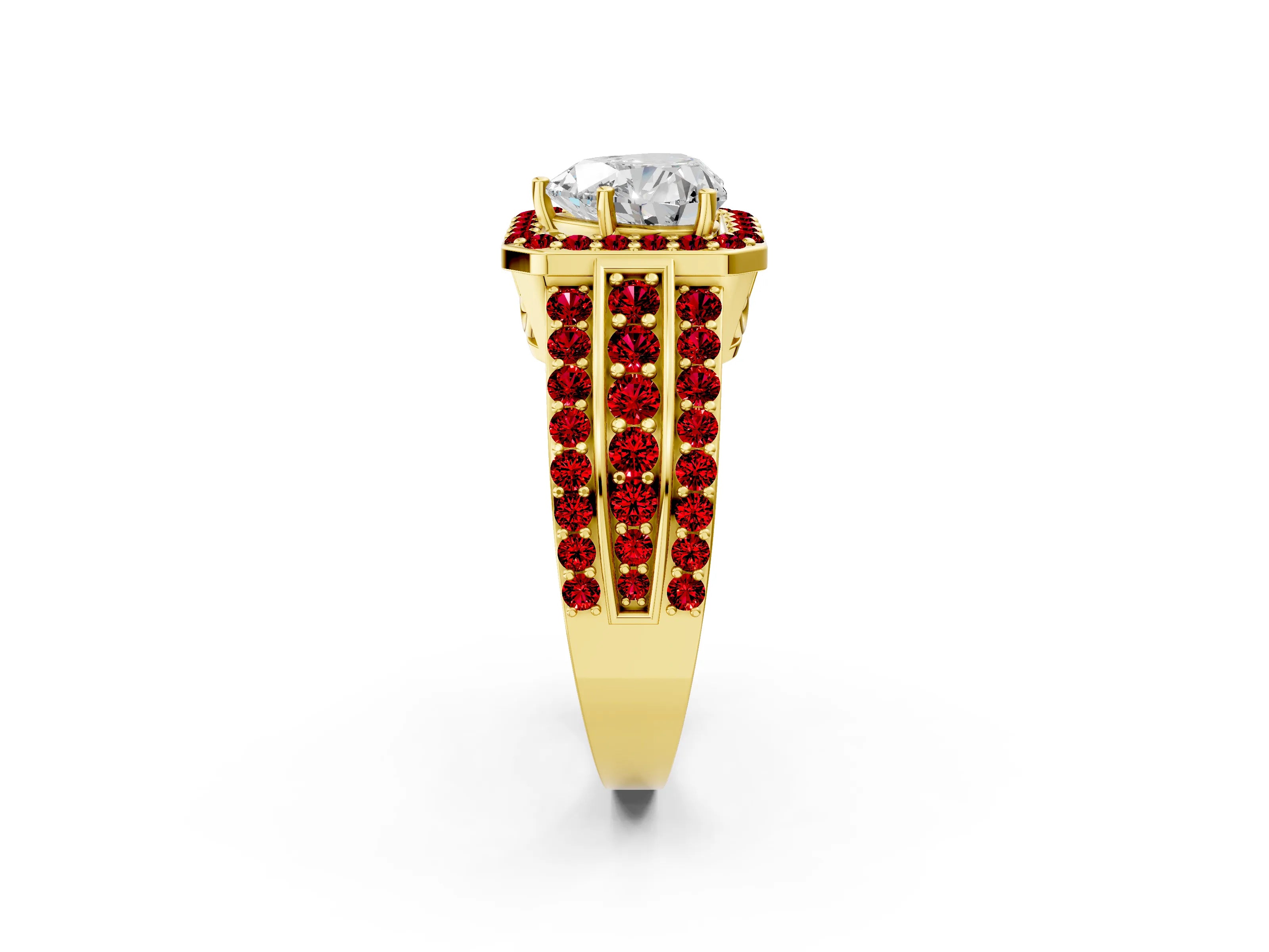 Yellow gold Heart Cut Halo Diamond Ring with Round with Ruby side stone Split Shank and Prong Setting_2