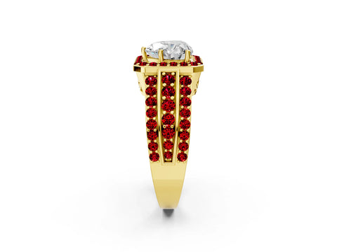 Yellow gold Heart Cut Halo Diamond Ring with Round with Ruby side stone Split Shank and Prong Setting_2