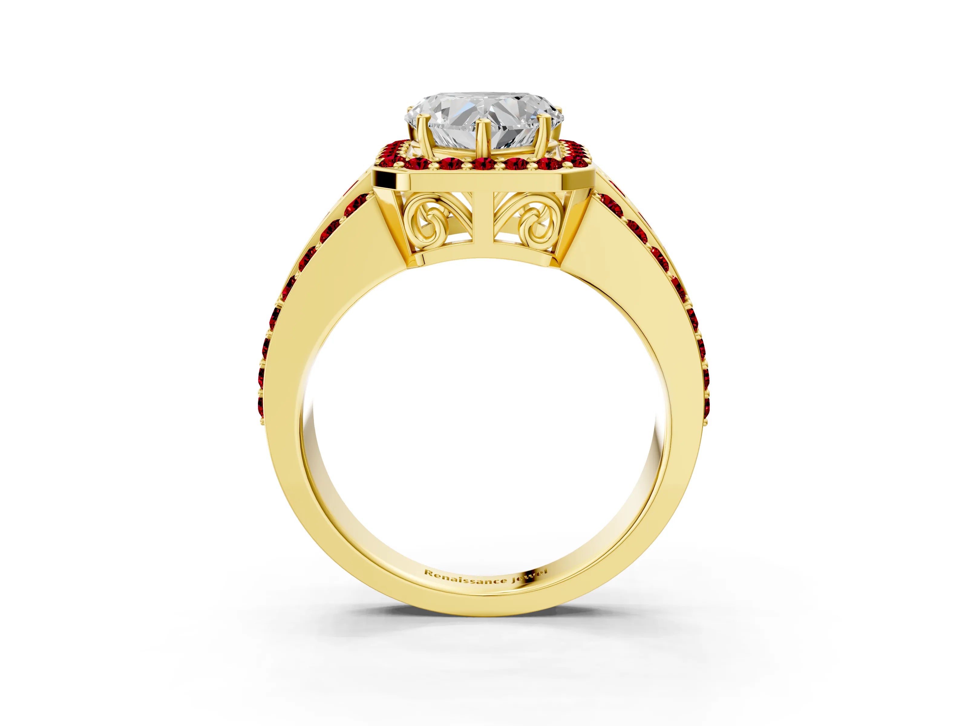 Yellow gold Heart Cut Halo Diamond Ring with Round with Ruby side stone Split Shank and Prong Setting_3