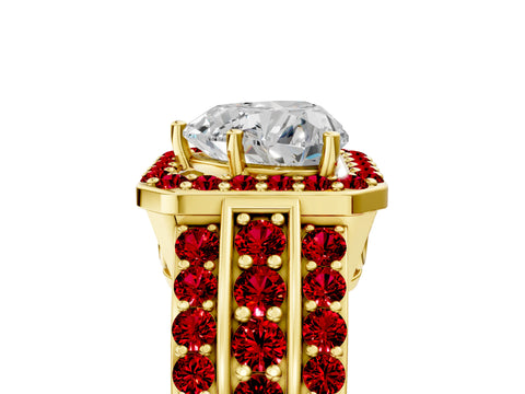 Yellow gold Heart Cut Halo Diamond Ring with Round with Ruby side stone Split Shank and Prong Setting_5