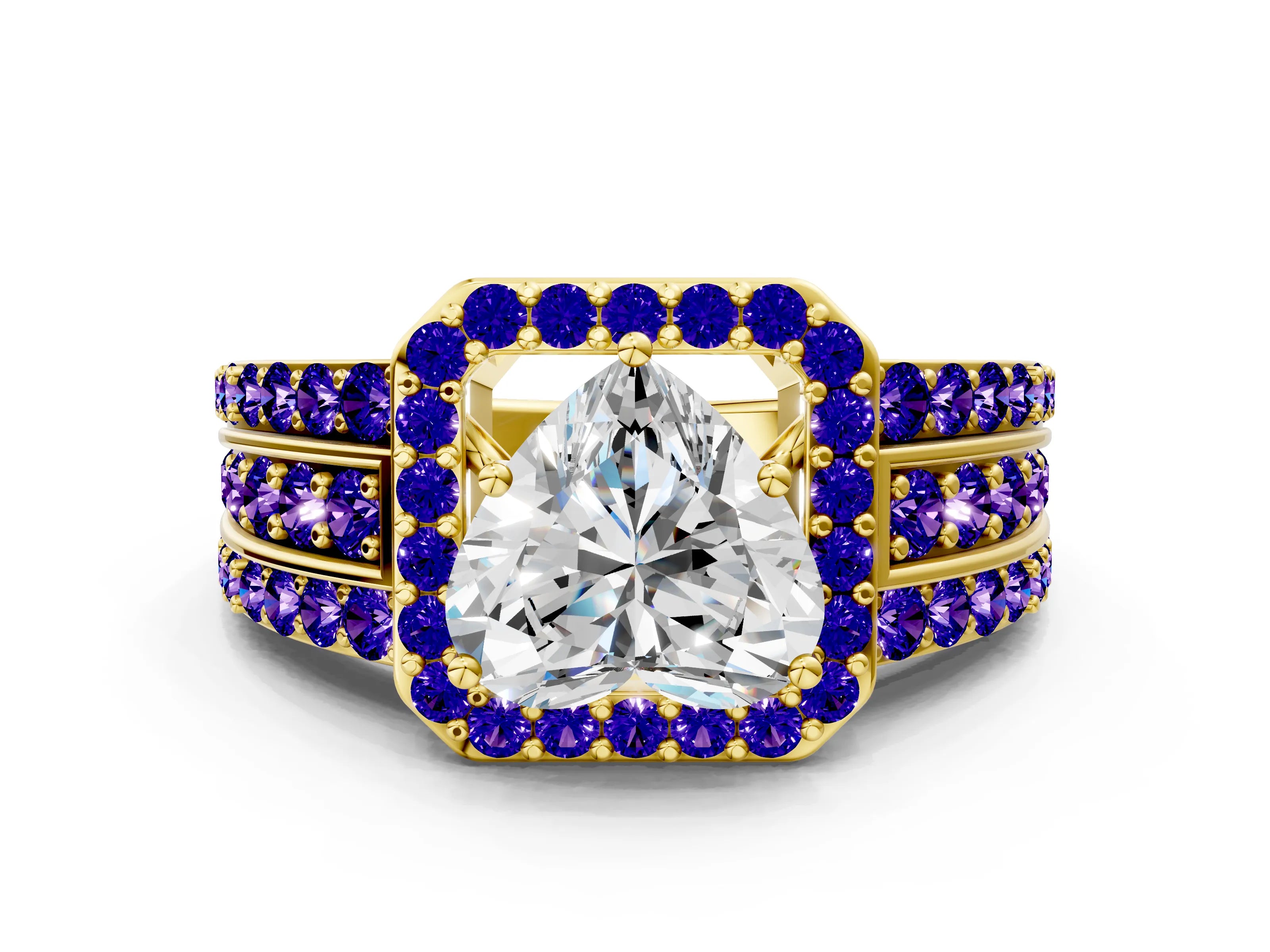 Yellow gold Heart Cut Halo Diamond Ring with Round with Tanzanite side stone Split Shank and Prong Setting