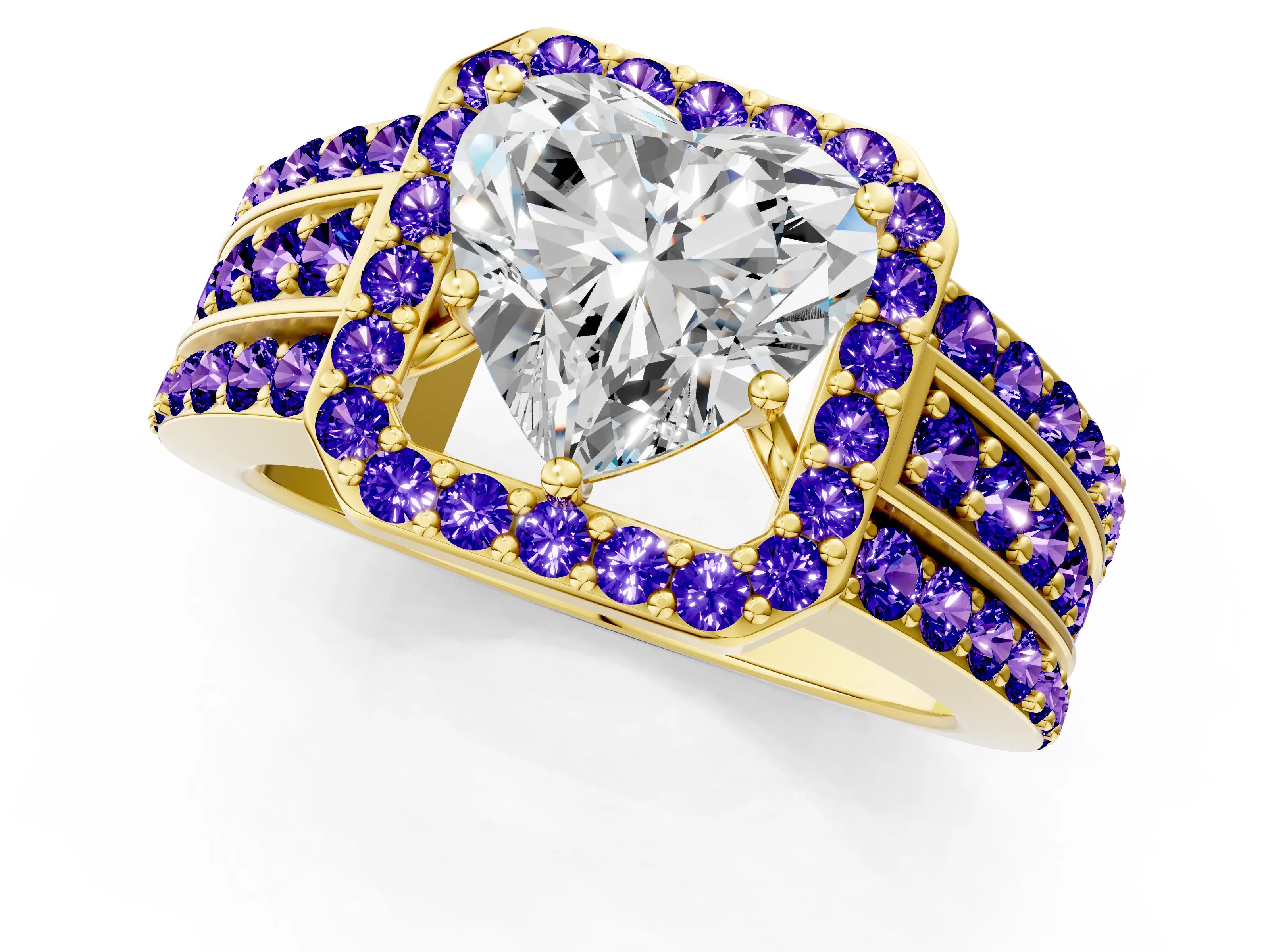 Yellow gold Heart Cut Halo Diamond Ring with Round with Tanzanite side stone Split Shank and Prong Setting_1