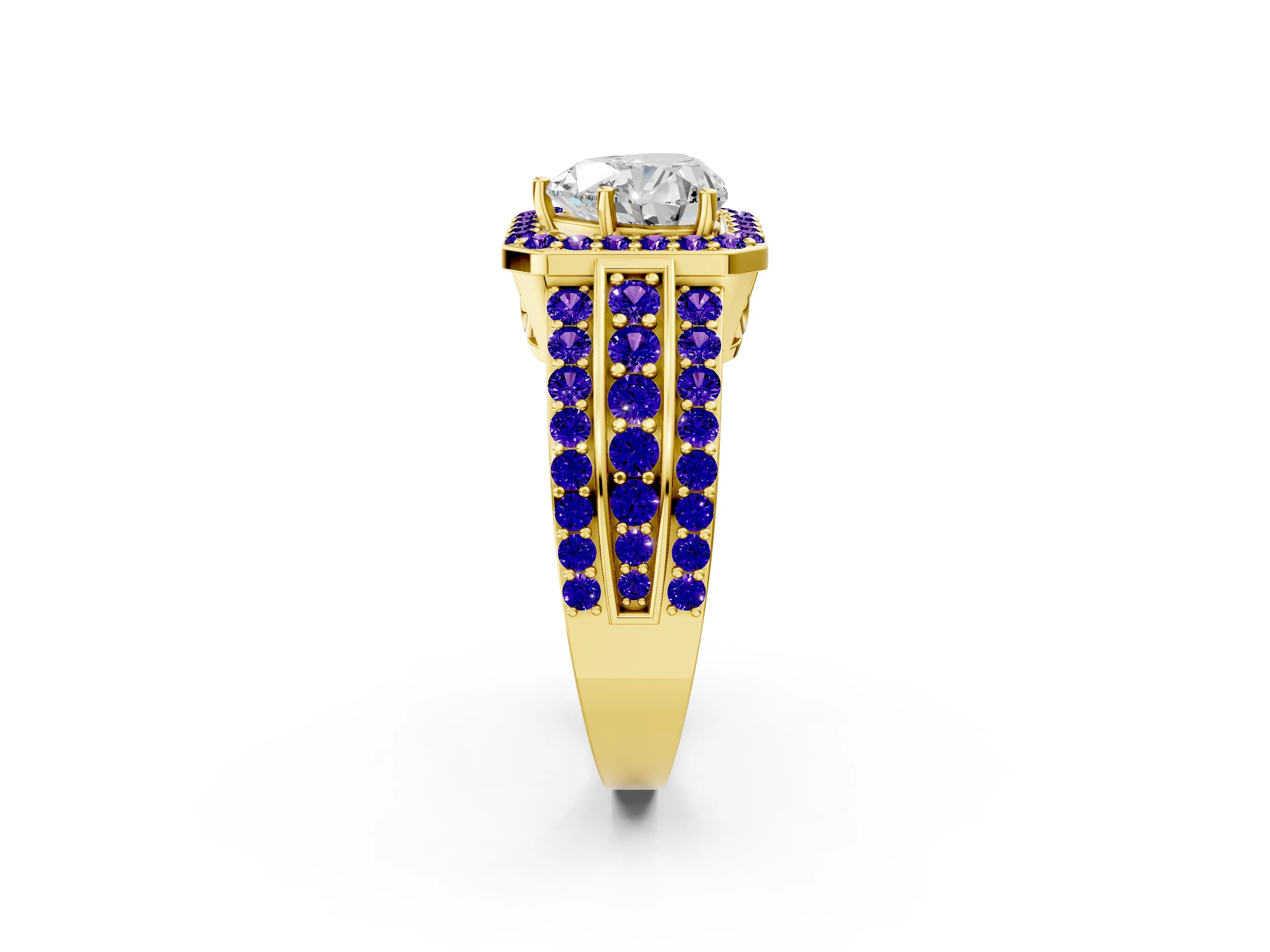 Yellow gold Heart Cut Halo Diamond Ring with Round with Tanzanite side stone Split Shank and Prong Setting_2
