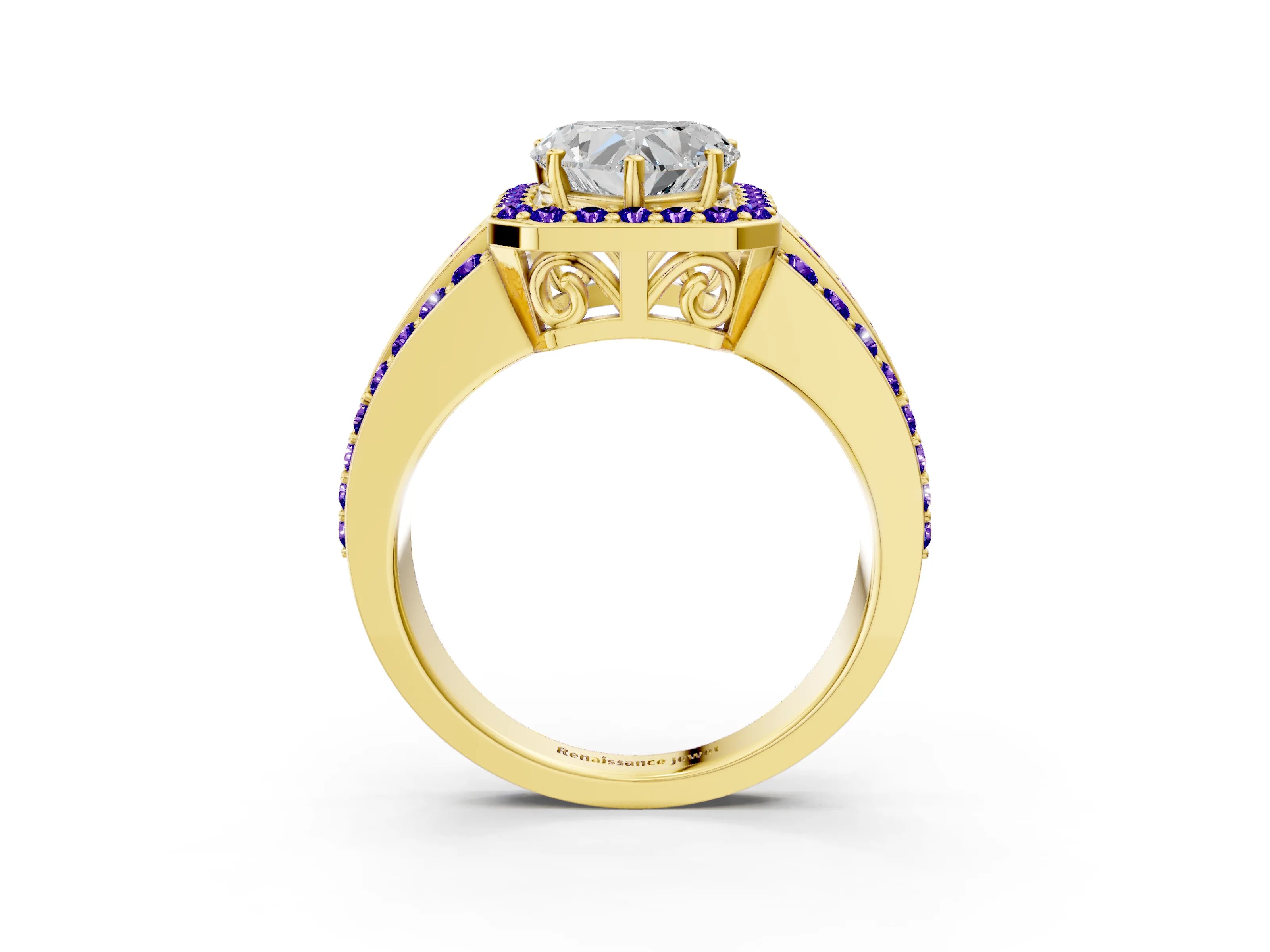Yellow gold Heart Cut Halo Diamond Ring with Round with Tanzanite side stone Split Shank and Prong Setting_3