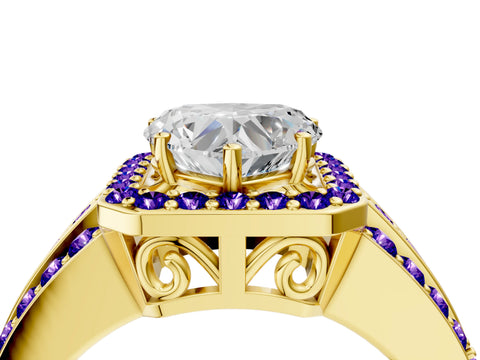 Yellow gold Heart Cut Halo Diamond Ring with Round with Tanzanite side stone Split Shank and Prong Setting_4
