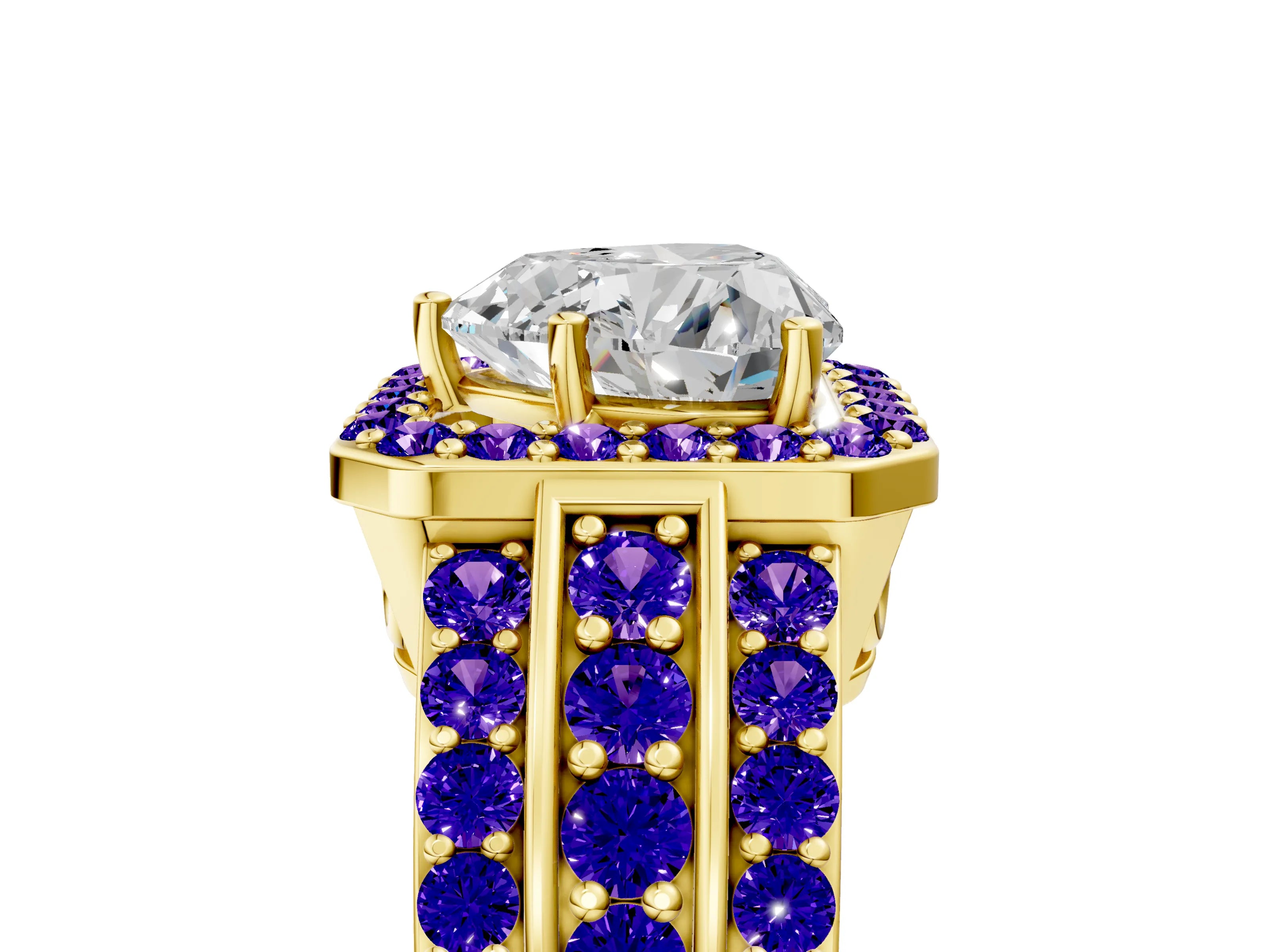 Yellow gold Heart Cut Halo Diamond Ring with Round with Tanzanite side stone Split Shank and Prong Setting_5