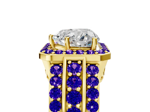 Yellow gold Heart Cut Halo Diamond Ring with Round with Tanzanite side stone Split Shank and Prong Setting_5