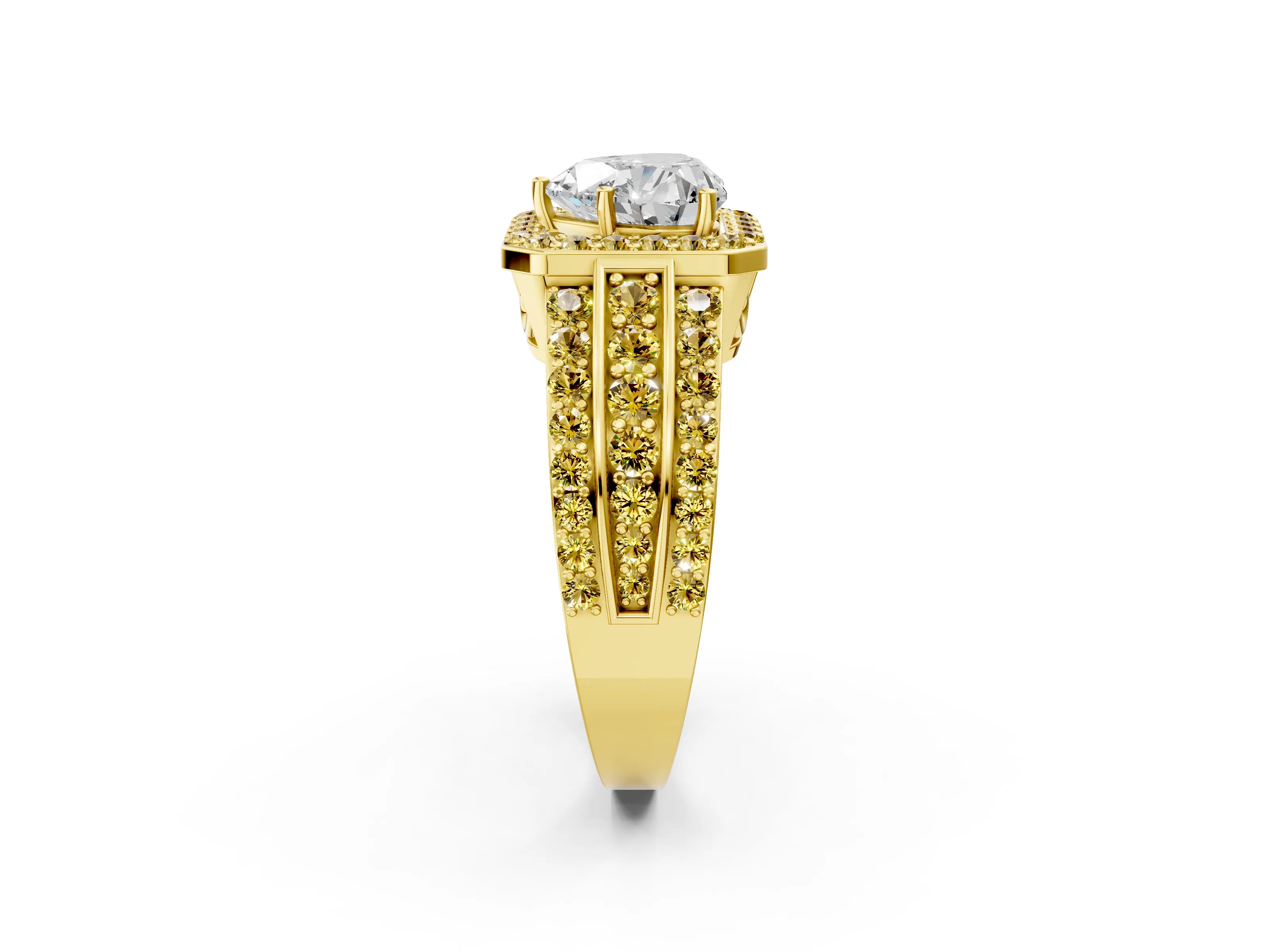 Yellow gold Heart Cut Halo Diamond Ring with Round with Yellow Sapphire side stone Split Shank and Prong Setting_2