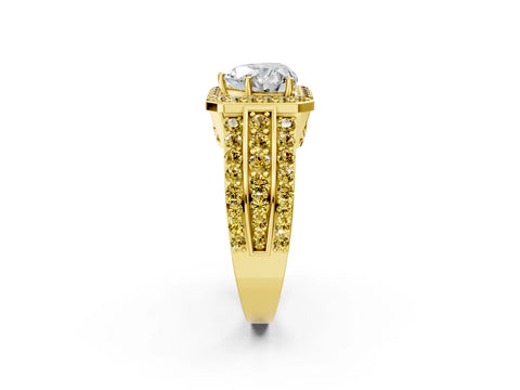 Yellow gold Heart Cut Halo Diamond Ring with Round with Yellow Sapphire side stone Split Shank and Prong Setting_2