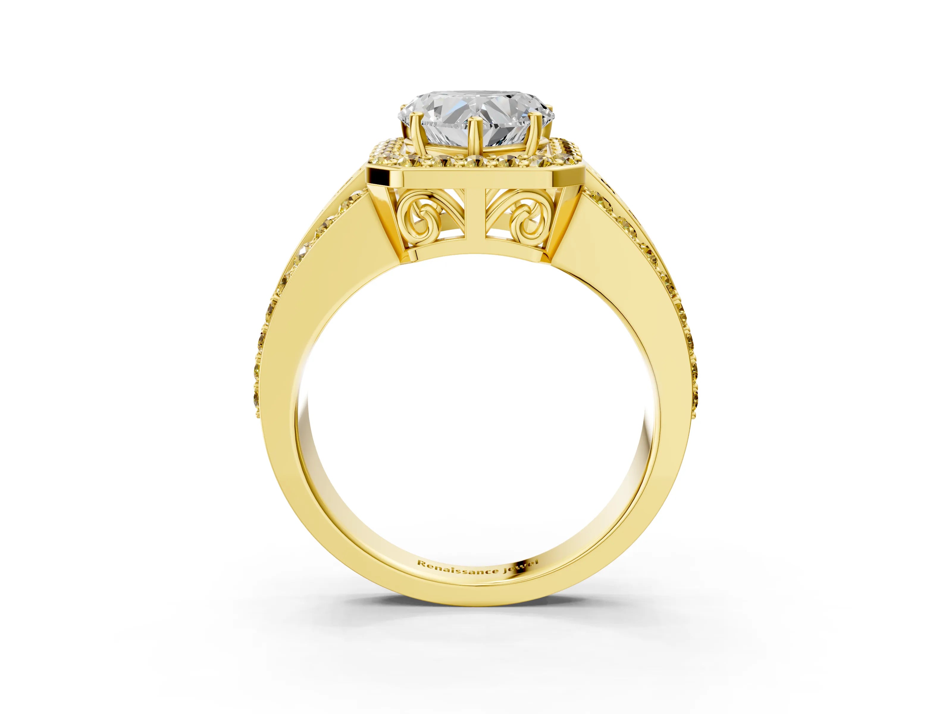 Yellow gold Heart Cut Halo Diamond Ring with Round with Yellow Sapphire side stone Split Shank and Prong Setting_3