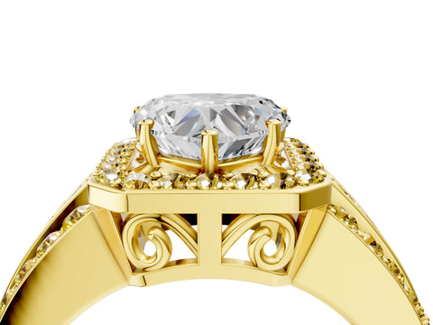 Yellow gold Heart Cut Halo Diamond Ring with Round with Yellow Sapphire side stone Split Shank and Prong Setting_4