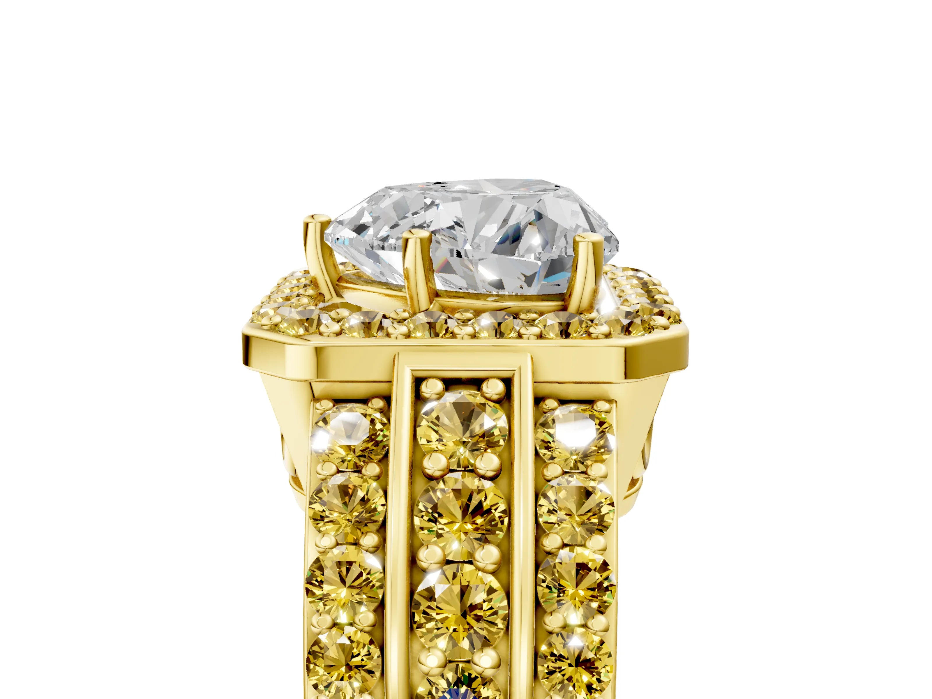 Yellow gold Heart Cut Halo Diamond Ring with Round with Yellow Sapphire side stone Split Shank and Prong Setting_5