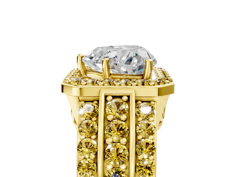 Yellow gold Heart Cut Halo Diamond Ring with Round with Yellow Sapphire side stone Split Shank and Prong Setting_5