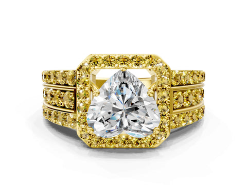 Yellow gold Heart Cut Halo Diamond Ring with Round with Yellow Sapphire side stone Split Shank and Prong Setting