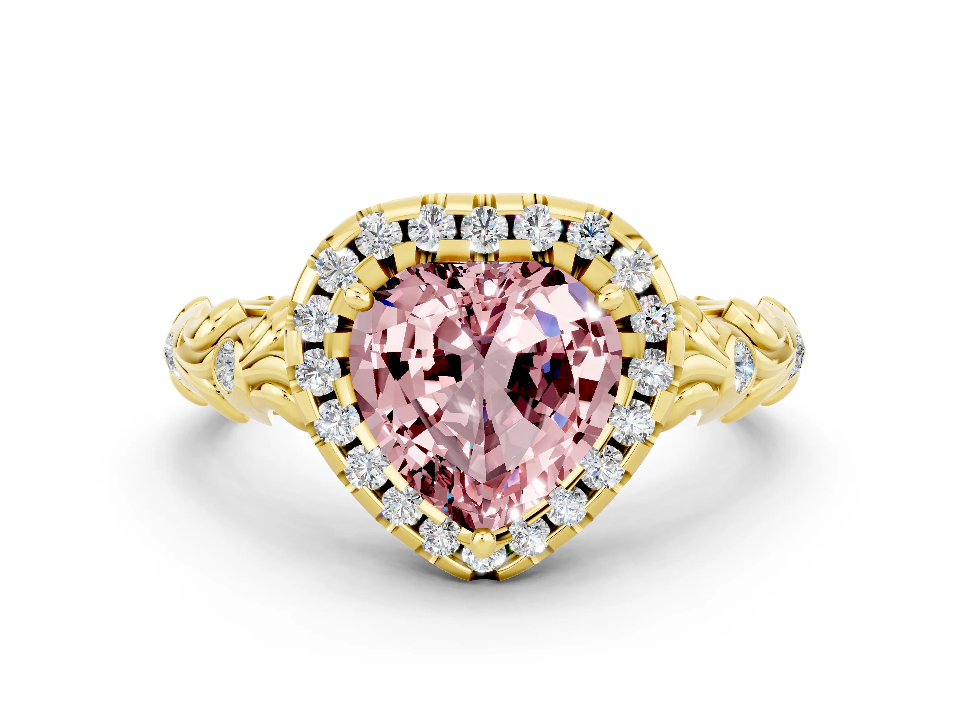 Yellow gold Heart Cut Halo Diamond Solitaire with Filigree Band and Four-Prong Setting