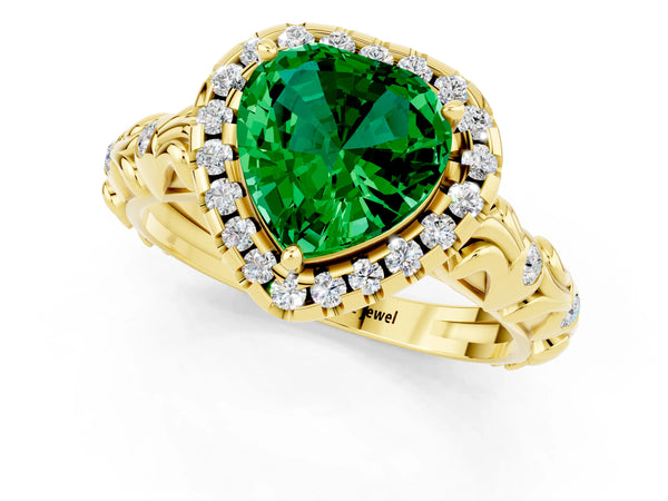 Yellow gold Heart Cut Emerald Halo Ring with Filigree Band and Prong Setting