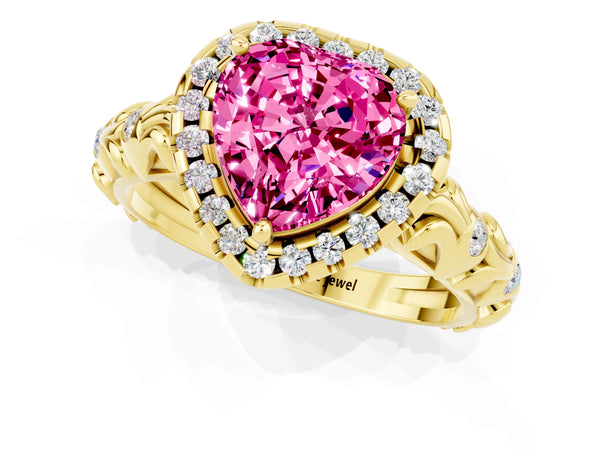 Yellow gold Heart Cut Halo Diamond Solitaire with Filigree Band and Four-Prong Setting