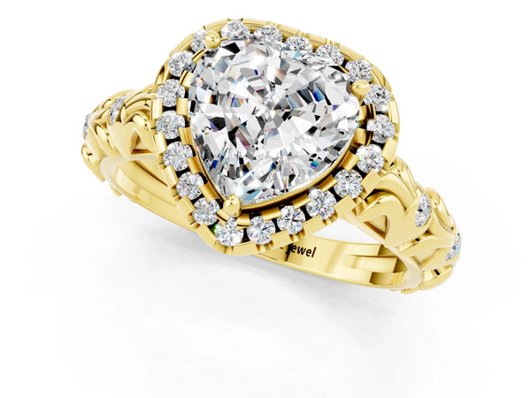 Yellow gold Heart Cut Moissanite Halo Ring with Filigree Band and Prong Setting