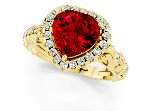 Yellow gold Heart Cut Ruby Halo Ring with Filigree Band and Prong Setting