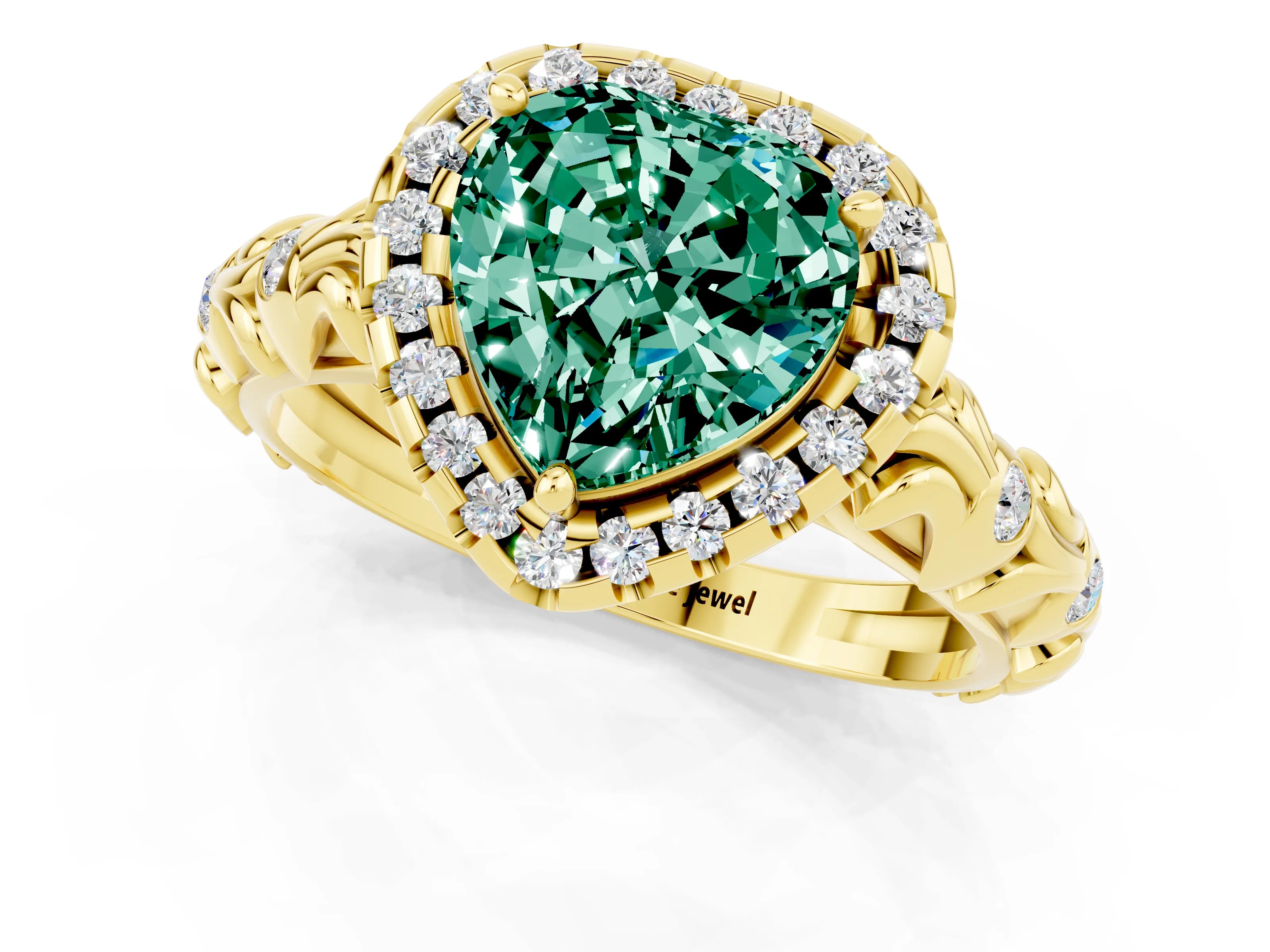 Yellow gold Heart Cut Halo Diamond Solitaire with Filigree Band and Four-Prong Setting_1