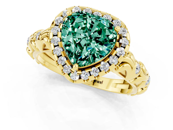 Yellow gold Heart Cut Green Sapphire Halo Ring with Filigree Band and Prong Setting