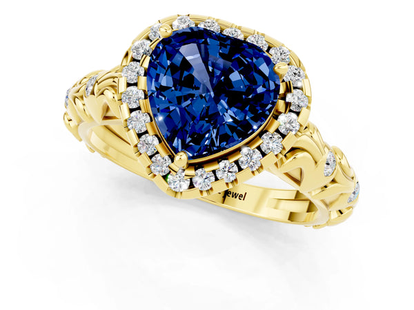 Yellow gold Heart Cut Blue Sapphire Halo Ring with Filigree Band and Prong Setting