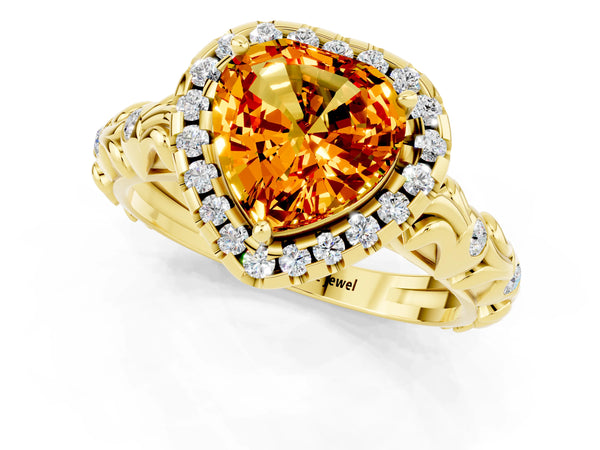 Yellow gold Heart Cut Citrine Halo Ring with Filigree Band and Prong Setting