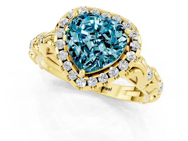 Yellow gold Heart Cut Halo Diamond Solitaire with Filigree Band and Four-Prong Setting