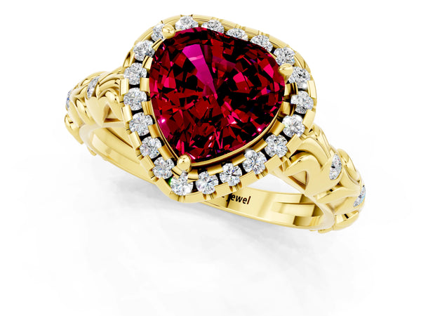 Yellow gold Heart Cut Garnet Halo Ring with Filigree Band and Prong Setting