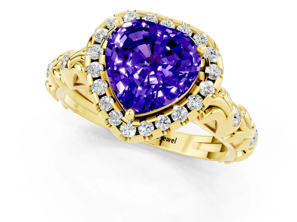 Yellow gold Heart Cut Tanzanite Halo Ring with Filigree Band and Prong Setting