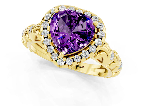 Yellow gold Heart Cut Amethyst Halo Ring with Filigree Band and Prong Setting