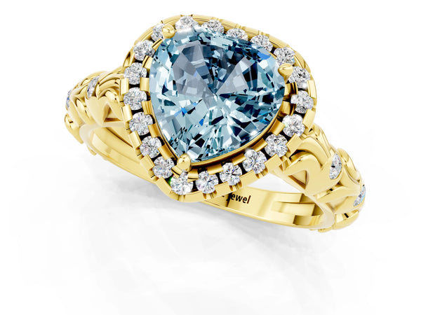Yellow gold Heart Cut Aquamarine Halo Ring with Filigree Band and Prong Setting