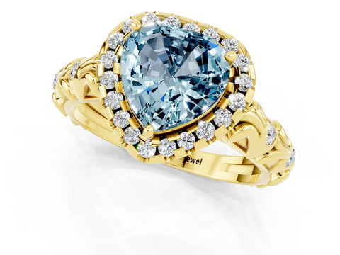 Yellow gold Heart Cut Halo Diamond Solitaire with Filigree Band and Four-Prong Setting_1
