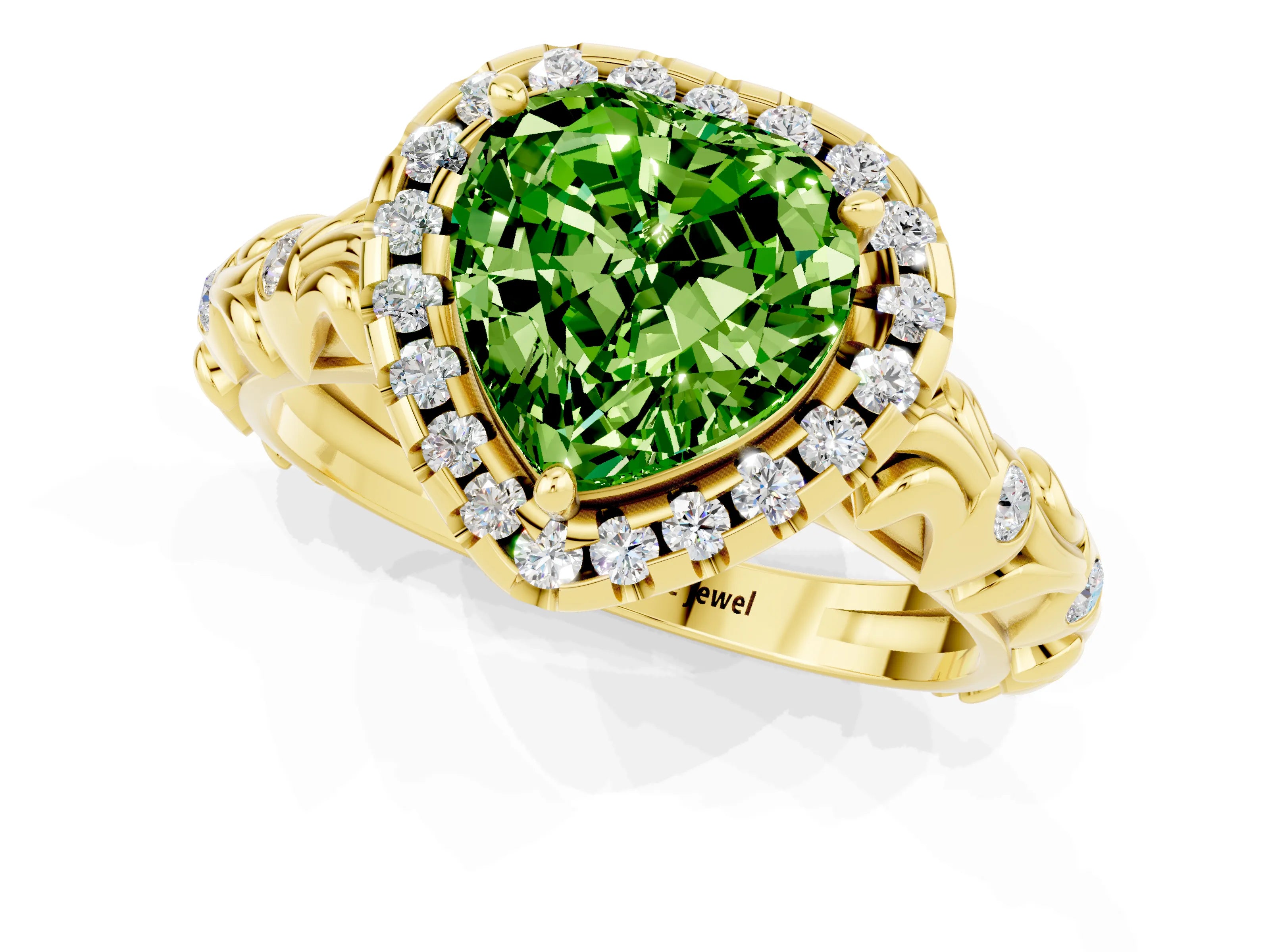 Yellow gold Heart Cut Halo Diamond Solitaire with Filigree Band and Four-Prong Setting_1