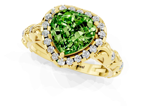 Yellow gold Heart Cut Peridot Halo Ring with Filigree Band and Prong Setting