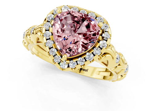 Yellow gold Heart Cut Halo Diamond Solitaire with Filigree Band and Four-Prong Setting_1